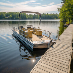 a pontoon boat near a dock-lake 

