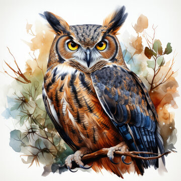 Watercolor Great Horned Owl Illustration, Generative Ai