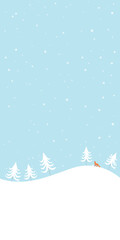 Snow landscape with pine tree and fox childish style vertical vector illustration. Winter Wonderland with snowfall have blank space.