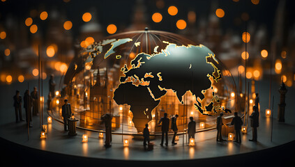 A miniature planet showcasing continents with tiny figures of people standing around it, symbolizing international business collaboration, the exchange of money, and the integration of technology. - obrazy, fototapety, plakaty