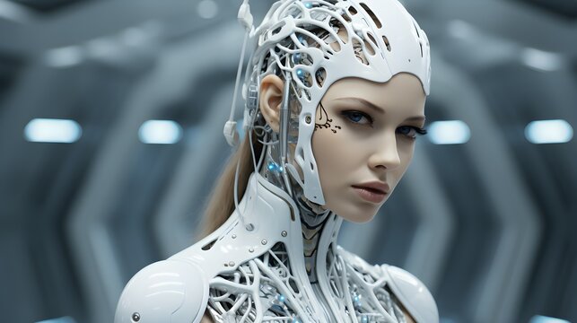 An AI robot with a woman's face, adorned in a white jumpsuit, revealing intricate electronics beneath. The figure embodies the fusion of humanity with advanced technology.