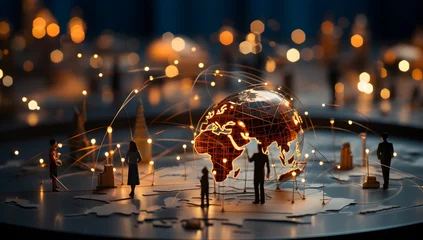 Foto op Canvas A miniature planet showcasing continents with tiny figures of people standing around it, symbolizing international business collaboration, the exchange of money, and the integration of technology. © Tomasz