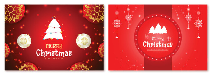 Fototapeta na wymiar Christmas and New Year wishing or greeting card banner or poster design on red Xmas background with snowflakes light, stars. Merry Christmas card. Vector Illustration