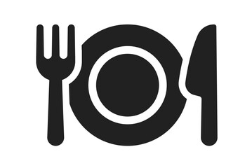 Restaurant icon set. Fork, knife, spoon and plate silhouette. Plates, forks and knifes for apps and websites. Dinner symbol.