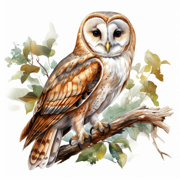Watercolor Barn Owl Illustration, Generative Ai