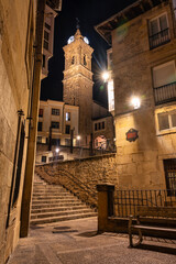 Stairs in narrow alleys leading up to the tower of the medieval church, Vitoria, Spain