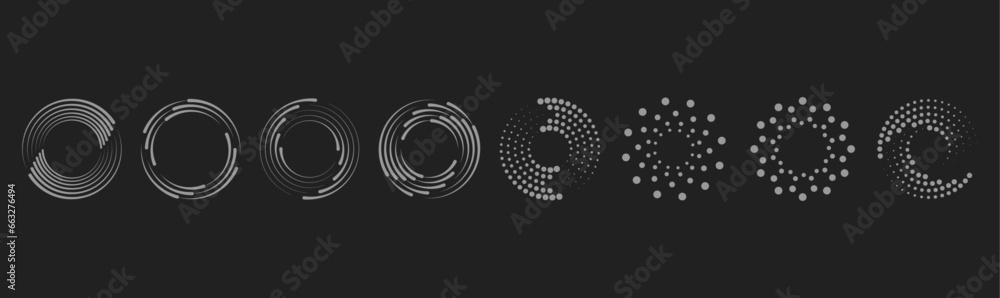 Wall mural dot circle pattern. orange round halftone dot patterns. spiral halftones frame. set of swirl abstrac