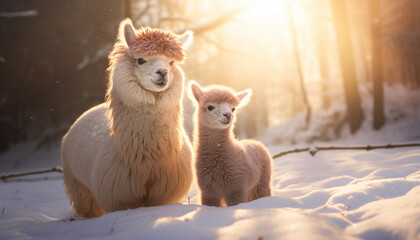 mother and child alpaca in the snow