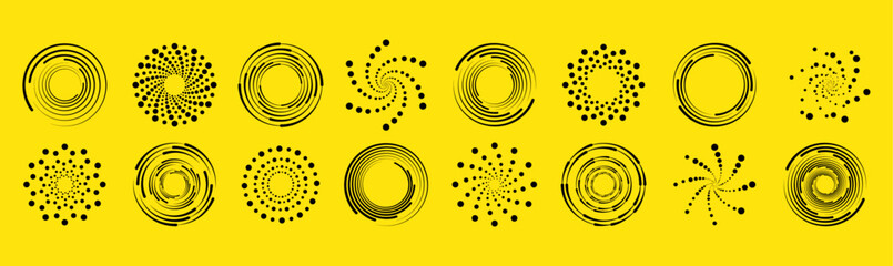 Dot circle pattern. Orange round halftone dot patterns. Spiral halftones frame. Set of swirl abstract ripple elements. Circular graphic textures isolated on black background. Vector.
 - obrazy, fototapety, plakaty