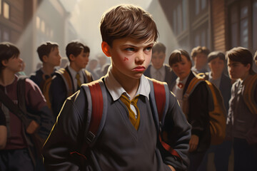 Defiant Young Boy with Bruised Face Standing Strong Among Peers in School Uniforms