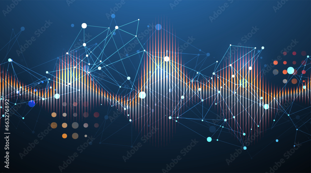 Poster Sound wave with plexus effect. Dynamic vibration wallpaper. Frequency pulse modulation vector illustration.