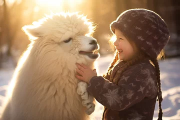 Foto auf Alu-Dibond happy smiling girl playing with alpaca in winter © RJ.RJ. Wave