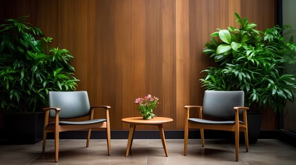 Fototapeta na wymiar Modern, stylish waiting room in green office. Comfortable wooden chairs arranged for job interview, appointment or business meeting. Workplace with lush greenery for calming and inviting atmosphere.