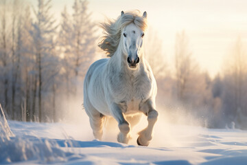 Obraz na płótnie Canvas white horse running in snow