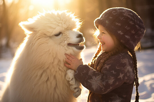 happy smiling girl playing with alpaca in winter