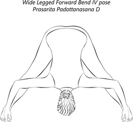 Sketch of young woman doing yoga Prasarita Padottanasana D. Wide Legged Forward Bend 4 pose. Intermediate Difficulty. Isolated vector illustration.
