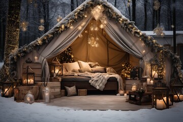 Fototapeta premium Luxury Christmas camping tent in the woods. Glamping, holiday getaway concept.