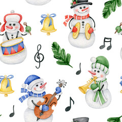 Snowmen with musical instruments.Christmas wrapping paper design.Orchestra.Music festival.Merry Christmas and Happy New Year.Winter holidays.Seamless pattern with snowmen