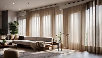 Modern interior with large roller blinds automatic solar and blackout shades wood decor panels on walls and electric sunscreen curtains for home.