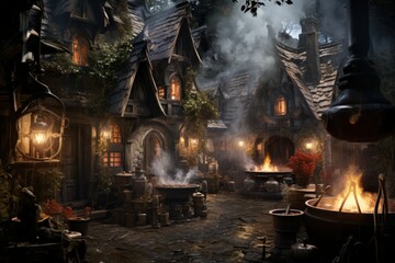 Mysterious witches brewing potions in hidden cottages - Generative AI