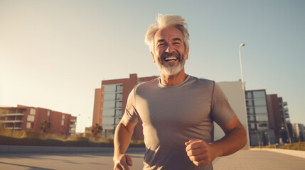 An older man jogging in the morning in the city
