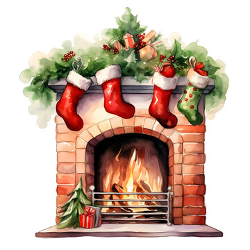 recommend clip art: Cozy Christmas Fireplace with Stockings, watercolor clip art isolated on transparent background