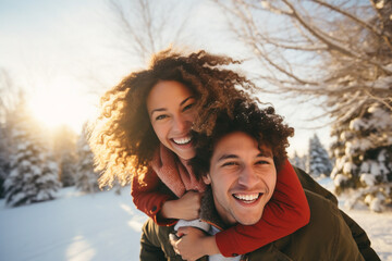happy smiling couple in winter 