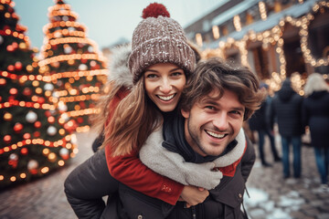 happy smiling portrait of a couple wearing warm clothes in Christmas market