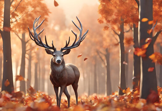 deer - Beautiful 3D illustration of deer in autumn forest