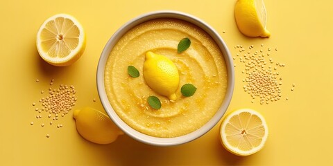 Hummus in a yellow bowl with lemon - obrazy, fototapety, plakaty