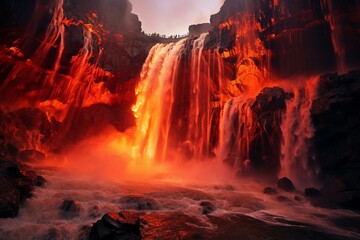 An extraordinary image of a soaring fire beside a massive waterfall in Zhangj. Generative AI