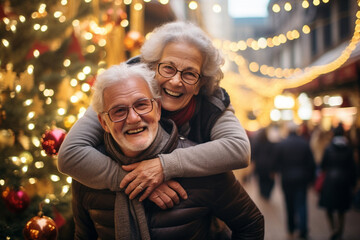 happy smiling portrait of an old couple wearing warm clothes and having fun at Christmas market