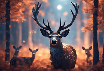 deer - Beautiful 3D illustration of deer in night autumn forest