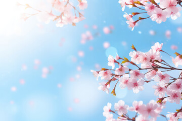 Blossoming Cherry Tree Branches Against Blue Sky With Fluttering Butterflies In Spring, Presenting Pink Sakura Flowers And Creating Amazing, Colorful, Dreamy, And Romantic Arti