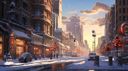Fototapeta na wymiar Winter snow city street view