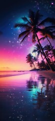 Blurred Palm Tree Glittered On Sand With Tropical Beach Bokeh At Night Black Background, Pink Sunset