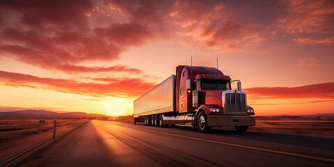 Transporting goods. Fast cargo truck on highway at sunset. Logistics and shipping. Speedy freight on road. Heavy freight transportation in motion