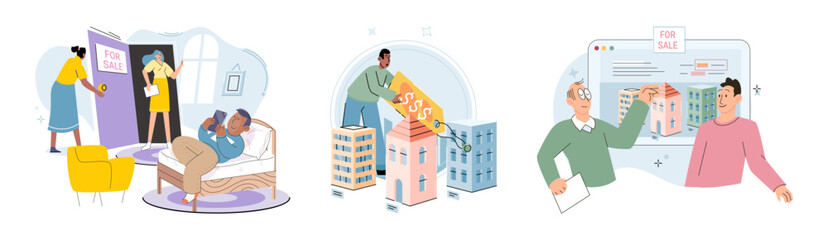 Real estate search. Vector illustration People looking for home explored various options in real estate market Investing in house through renting allowed individuals to generate passive income