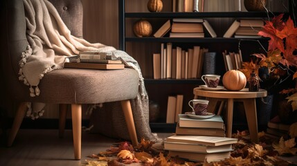 Fototapeta na wymiar Cozy reading place in the living room with autumn boho decor 