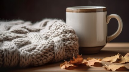 Fototapeta na wymiar A cup of warm coffee in a knitted style mug, autumn decor 