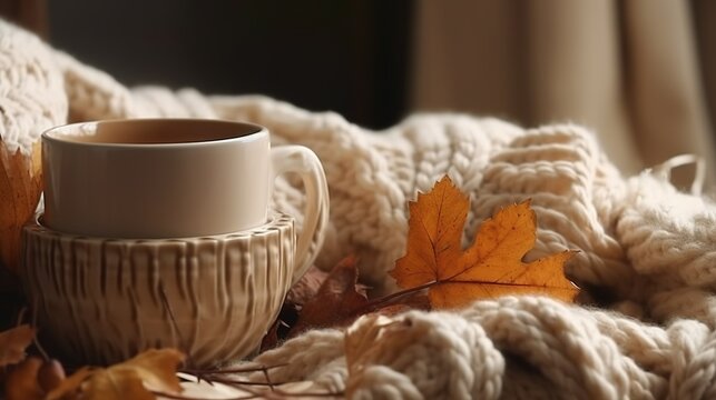 A cup of warm coffee in a knitted style mug, autumn decor 