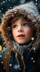 Thoughtful child in winter clothes in snowy weather