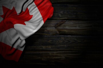 beautiful anthem day flag 3d illustration. - dark photo of Canada flag with large folds on old wood with free space for your content - obrazy, fototapety, plakaty