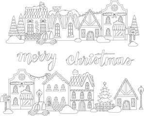 Black outline Christmas village with colorful houses, cars, trees, and lettering Merry Christmas for coloring page