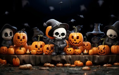 halloween creepy cartoon black skeleton, pumpkin, witch and ghost with skeleton with long scyve
