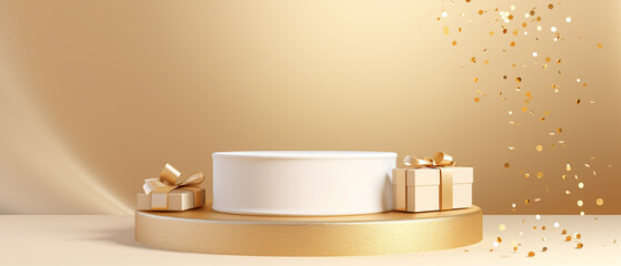 golden podium for product presentation with sequins and gift boxes