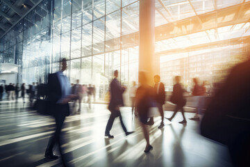 Depicting Blurred Business People Walking At Trade Fair, Conference, Or In Modern Hall