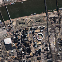 Aerial, state map and satellite view of skyline, nature and city outdoor with buildings. Land,...