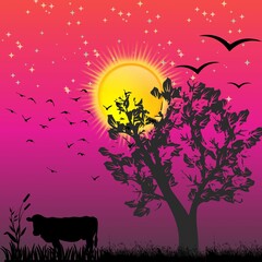 Beautiful and unique painting of sunset nature. Evening scene with sun, stars, tree, animal grass, birds and attractive sky