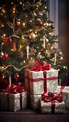 Fototapeta na wymiar Christmas gift boxes under the bright Christmas tree